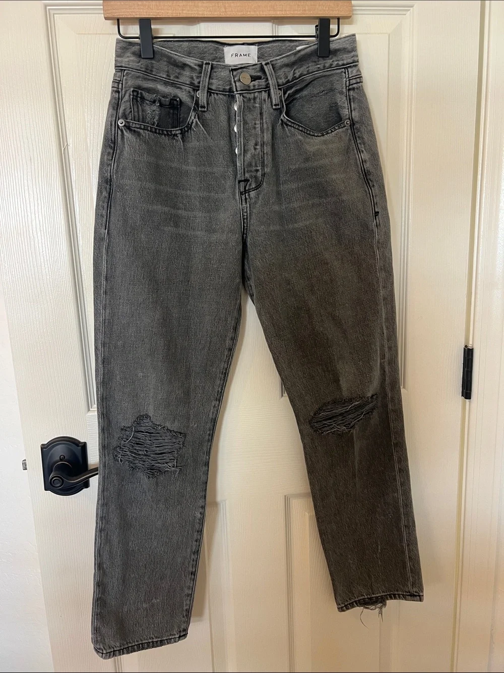 Frame Denim Jeans Le Original Gray Charcoal Washed Distressed Straight Ankle